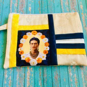 handmade Frida Kahlo wristlet colorful makeup bag